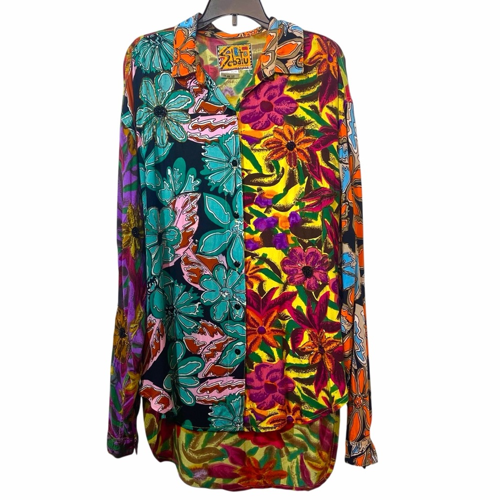 Vintage 90s Beaded High Low Mixed Florals Print Shirt